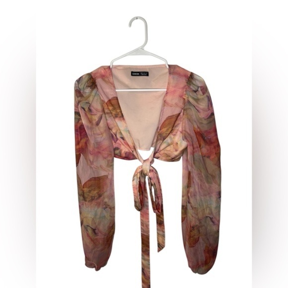 SHEIN Pink and Brown Tie-Front Crop Blouse - Picture 1 of 4